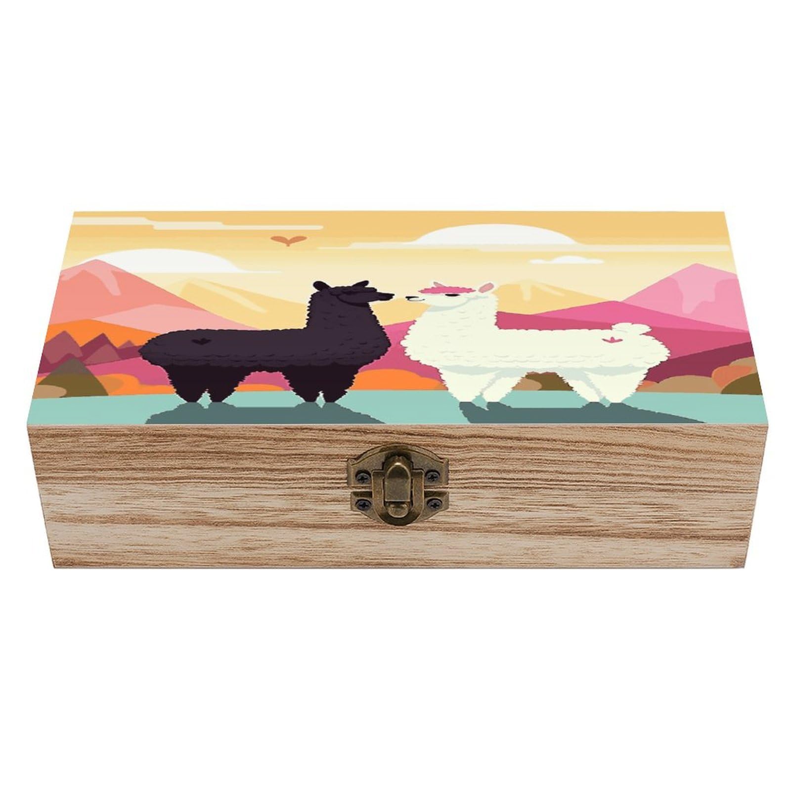 VstaDank Alpacas in Love in The Mountains Wooden Storage Box Wooden Keepsake Box with A Hinged Lid Fashion Memory Treasure Boxes Decorative Jewelry Case for Crafts Photo Home Decor Wood Gift Box