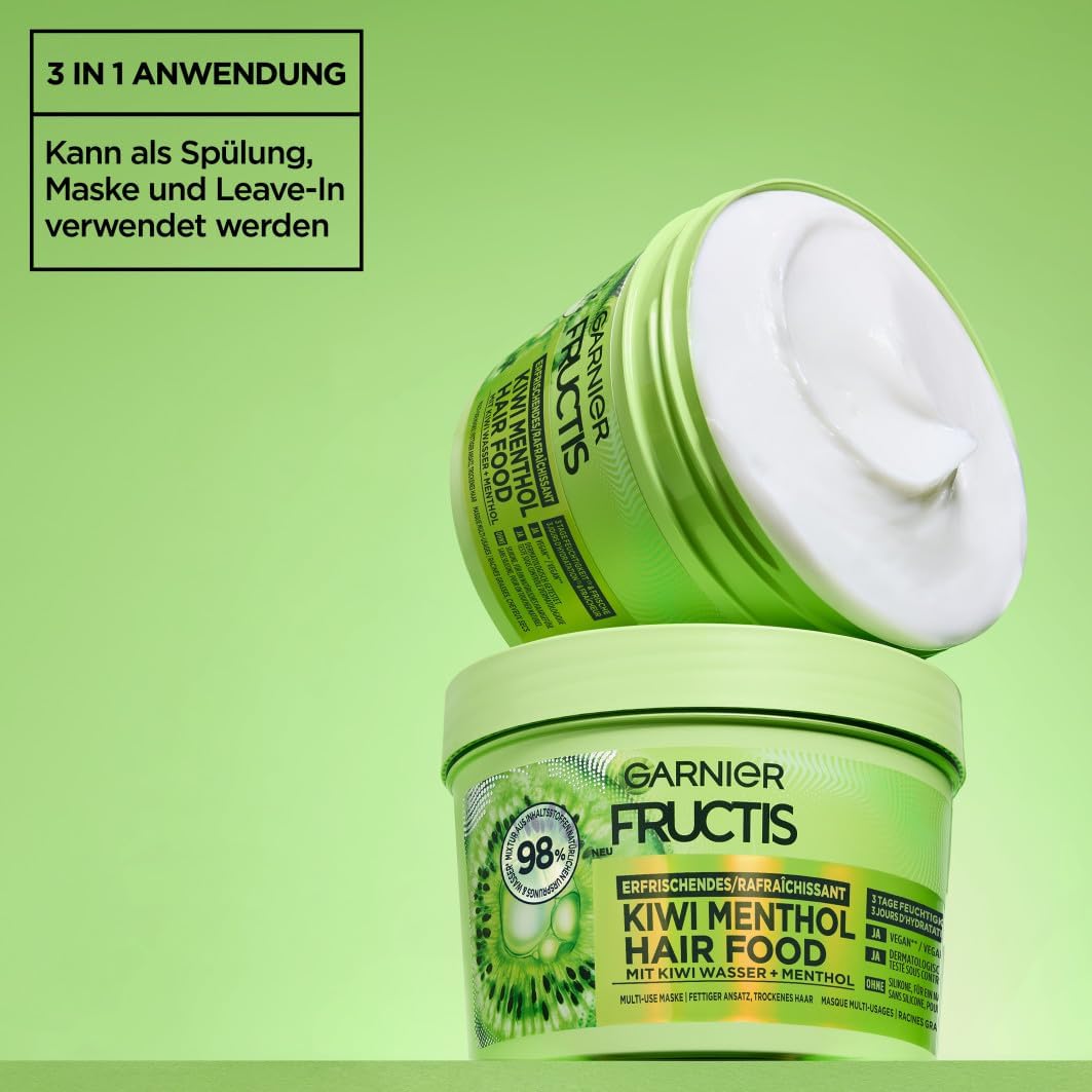 Garnier Fructis odświeżająca maska do włosów kiwi mentolowa do włosów, multi-zastosowanie z wodą kiwi i mentolem, dla nawilżenia i świeżości, 400 ml
