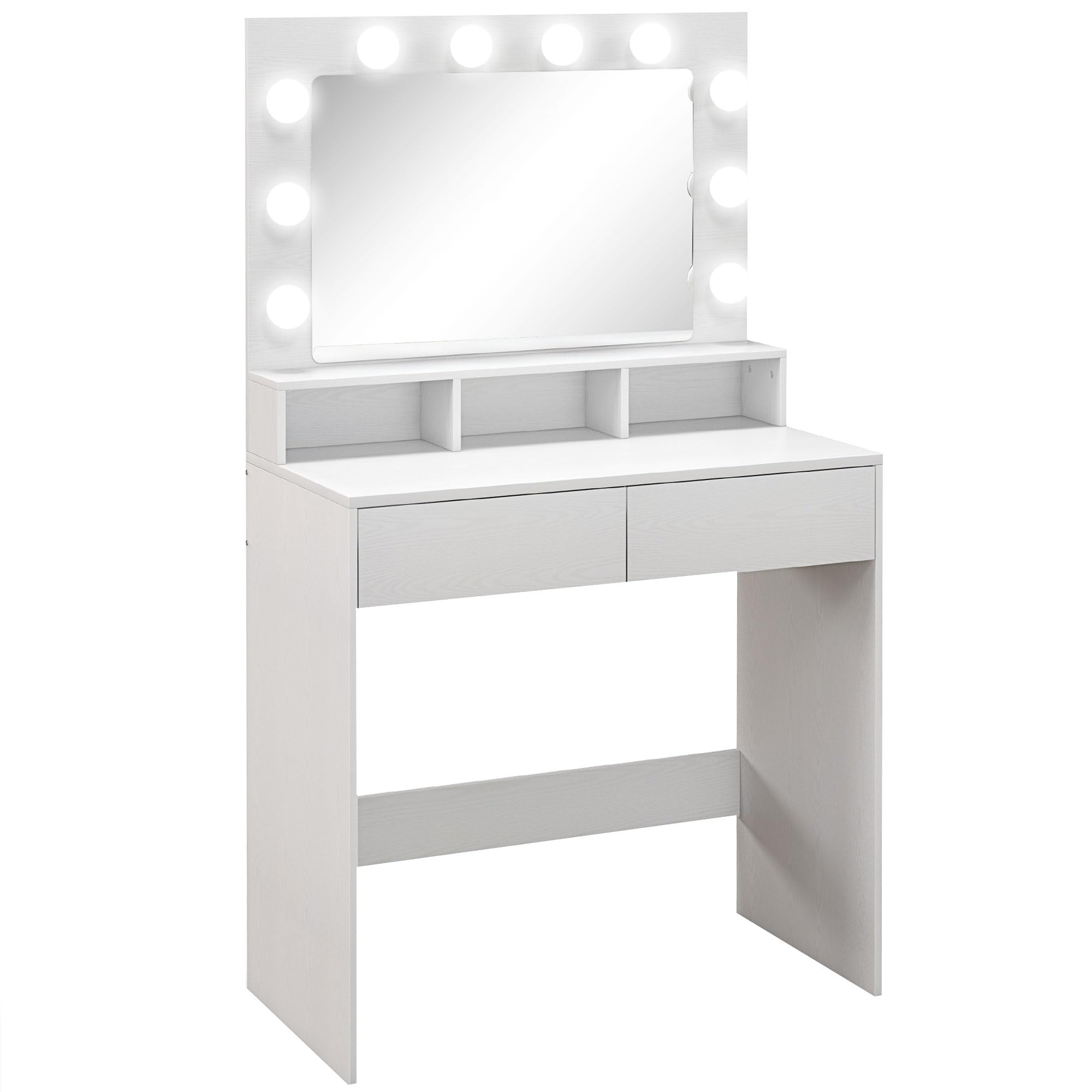 HOMCOM Toeletta Trucco con Specchio e 10 Luci LED Regolabili a 3 Colori, Postazione Trucco con 2 Cassetti e 3 Scomparti, per Camera da Letto, 80x40x135 cm, Bianco