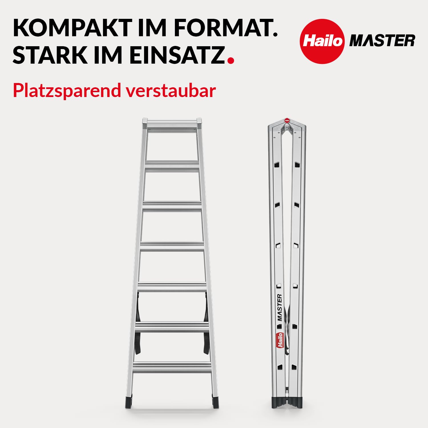 Hailo Master D100 Alu-Doppelstufenleiter 2x7 Stufen, EN 131, bis 150 kg | Beidseitig begehbar, rutschhemmende Stufen, große Abstellfläche, leicht und stabil