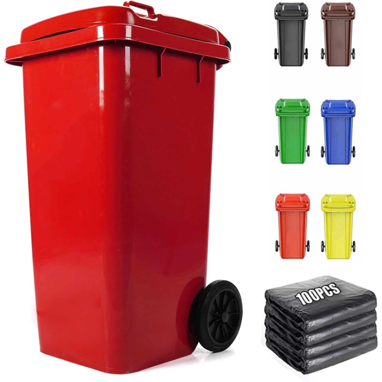 Pattumiera da Esterno con Ruote, Coperchio E 100 Sacchi per La Spazzatura Inclusi, Ideale per Patii, Cucine E Aree Esterne per Eventi all;Aperto. (Red 53 Gallon)