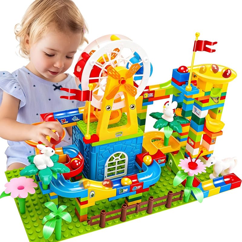 Black Foru Big Size Blocks Marble Run Slide Building Toys Led Lights Kids Race Track Compatible with All Major Brands Bricks Set Various Track Models for Gifts Boys Girls Toddler Age 3+ (253 PCS)|2-image-12