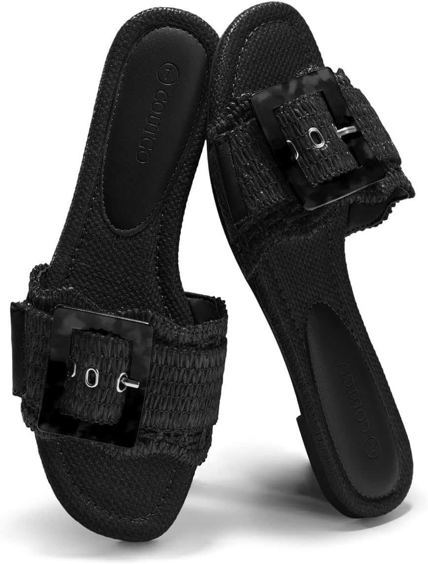 Coutgo Womens Flat Sandals Raffia Slip On Slide Sandal Square Open Toe Buckle Summer Beach Shoes Flats