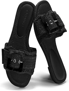 Coutgo Womens Flat Sandals Raffia Slip On Slide Sandal Square Open Toe Buckle Summer Beach Shoes Flats