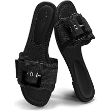 Coutgo Womens Flat Sandals Raffia Slip On Slide Sandal Square Open Toe Buckle Summer Beach Shoes Flats