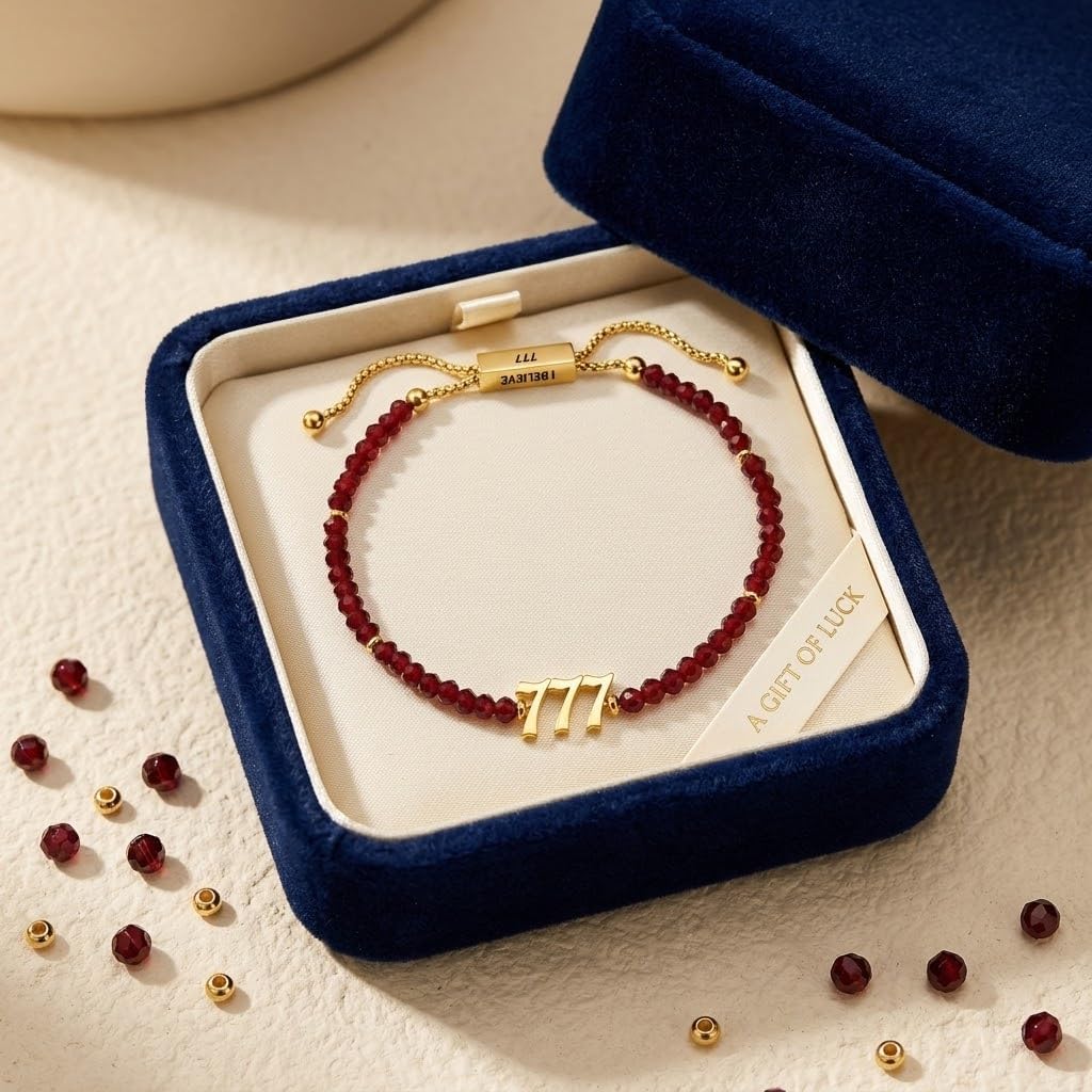 777 Angel Number Bracelet for Women, Natural Garnet Healing Beaded Bracelet, 18K Gold Plated Stainless Steel Adjustable Slider Bracelet, Spiritual Lucky Jewelry Gift with I BELIEVE Engraved