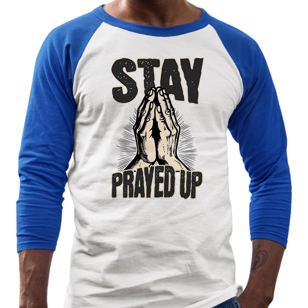 TeesAndTankYou Stay Prayed Up Three-Quarter Raglan Sleeve Baseball Shirt Unisex Small White/Royal