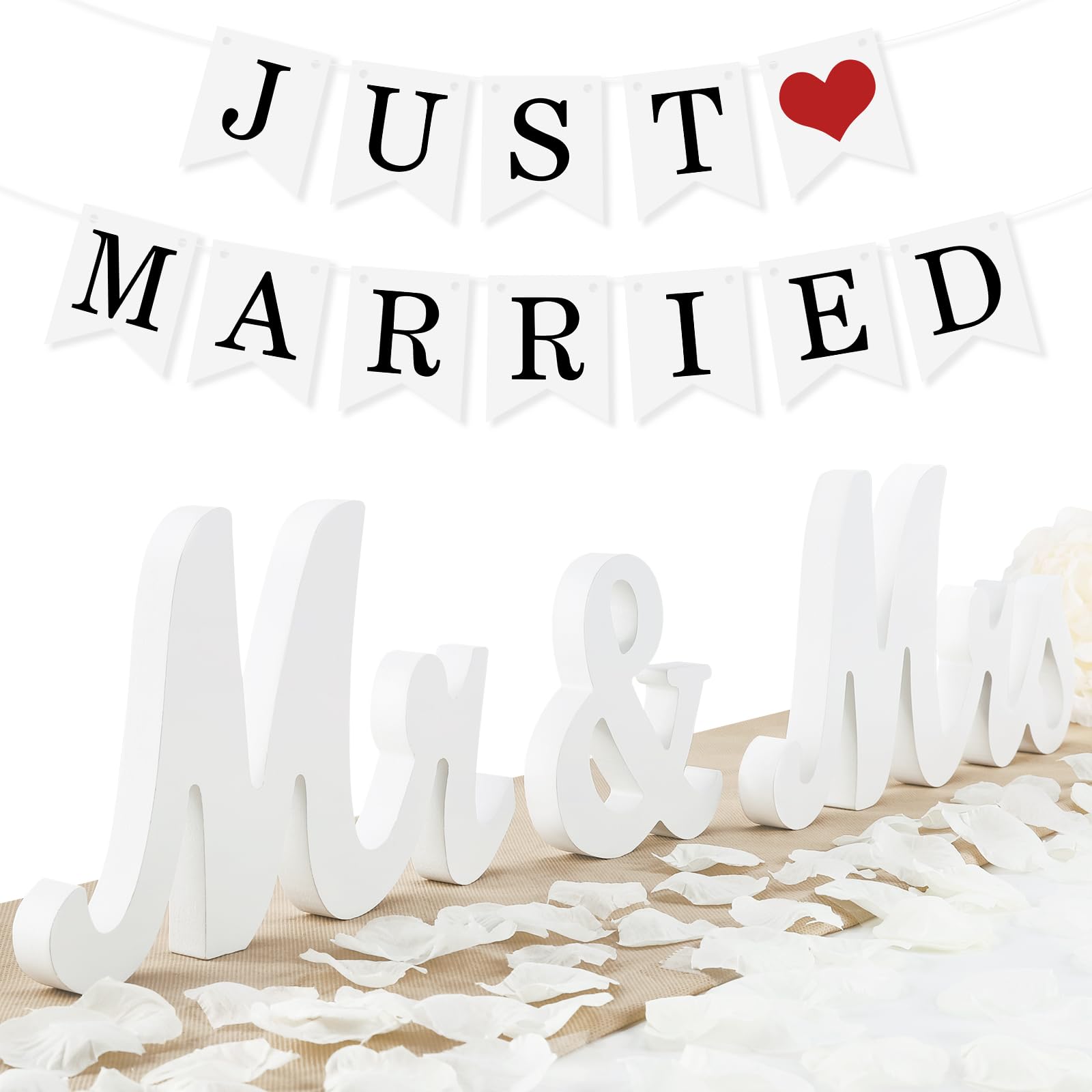 Large Mr and Mrs Sign, Rustic Mr and Mrs Wooden Sign for Wedding Decor with Just Married Banner and Rose Petals, Wedding Decorations for Reception, Photo Props,Just Married Gifts