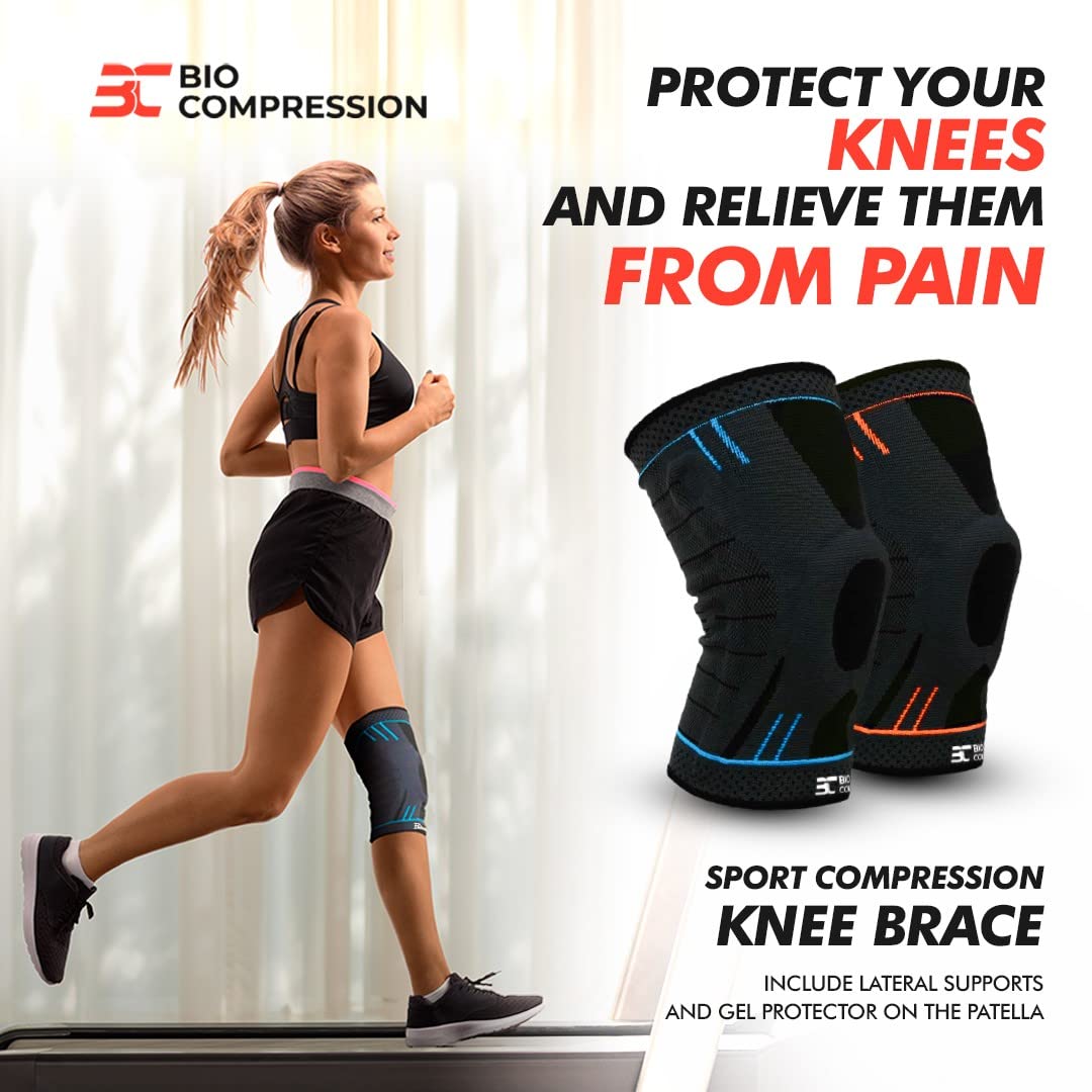 Bio Compression - Professional Knee Brace - Sports orthopedic knee brace with gel patellar pad and lateral stabilizers, knee support bandage to relieve joint pain stimulate circulation improve performance ideal for gym, running, basketball and workout (Orange, M)