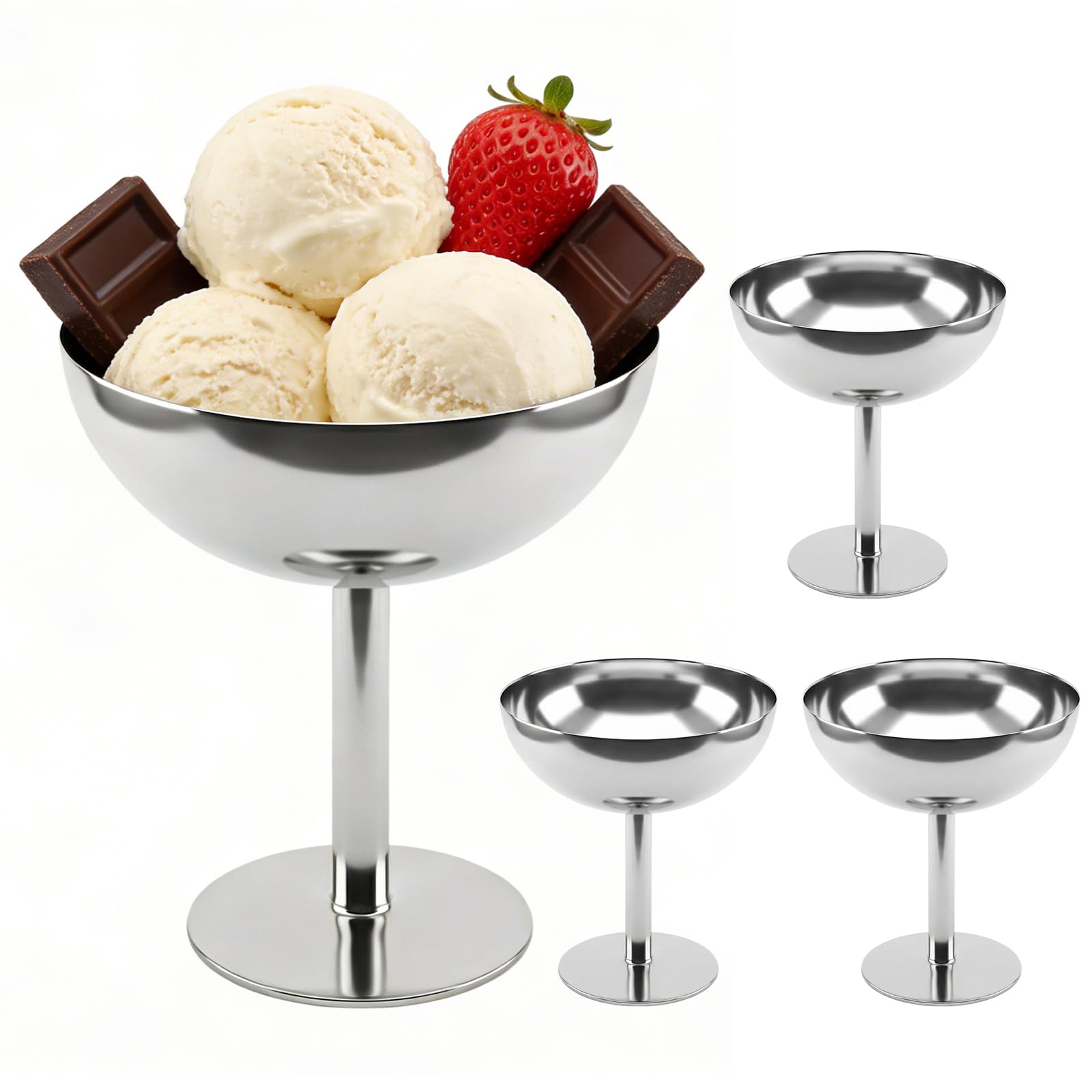 4 bicchieri per gelato in acciaio inox (Ø 9,8 cm/190 ml), con piedino, Ice Cream Sundae, per frutta, insalata, yogurt, budino di frutta, per matrimoni, feste, ristoranti, caffetteria