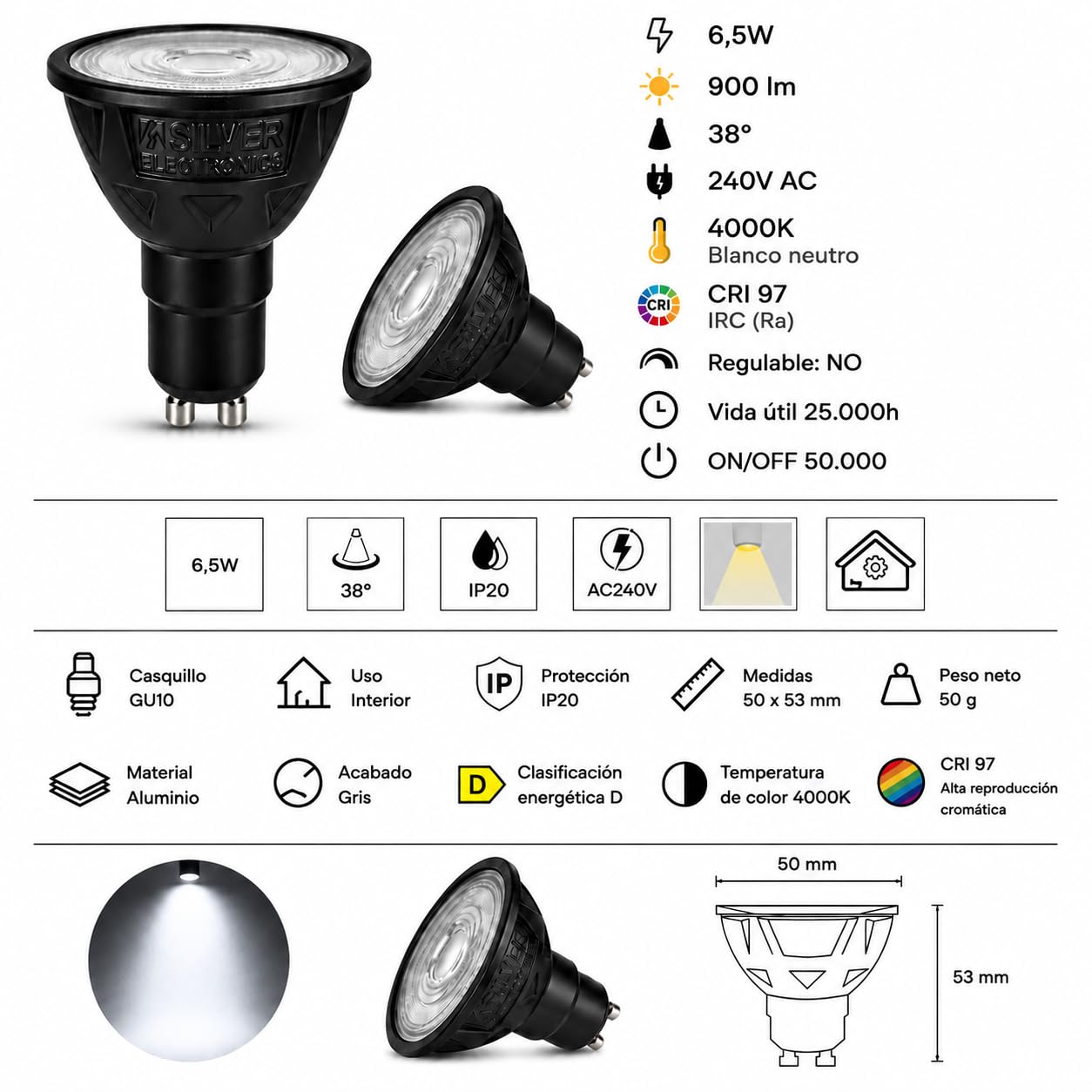 Pack x10 Bombilla LED Dicroica GU10 Luz Neutra 4000K 6.5W CRi97 900lm