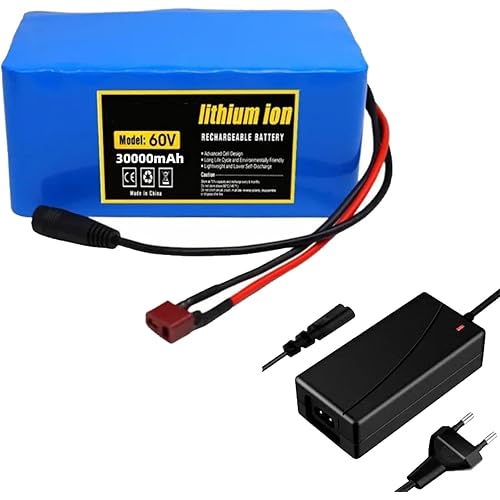 60V 30Ah 16S2P E-Bike Lithium Ion Battery Pack with Charger Built-in BMS Protection Ideal for 200-1600W Electric Bicycle Motor XT60 Plug