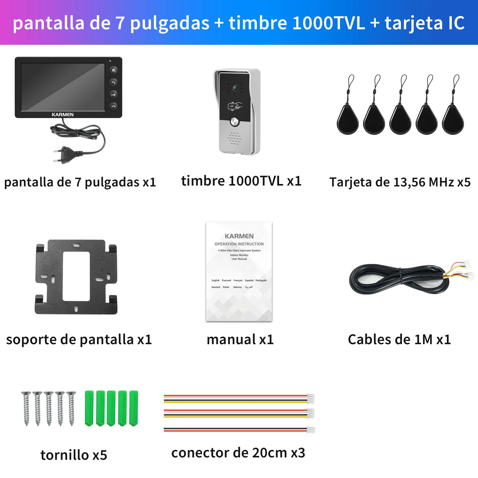 Karmen Video Türsprechanlage 7 Zoll Innen Bildschirm Outdoor Türklingel mit Kabel 1000TVL Analogsignal RFID Entsperrung
