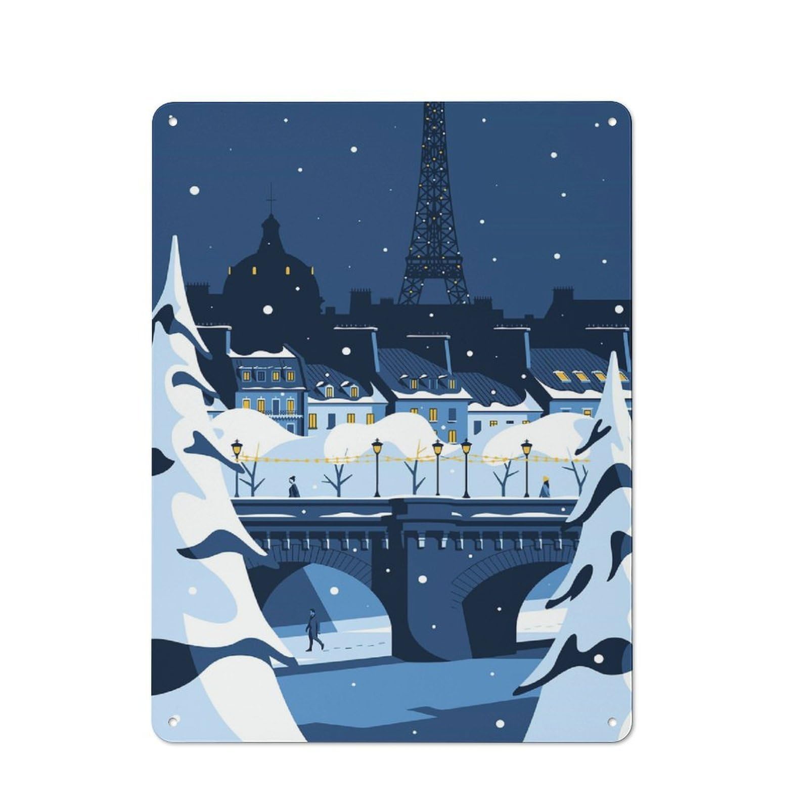 Junmoney Snowy Paris Night Vintage Tin Wall Plaque 40X30cm For Studio Or Craft Room, For Garage, Workshop And Man Cave Decoration