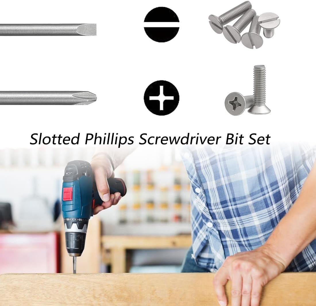 10Pcs Magnetic Slotted Phillips Screwdriver Bit Set with 1/4 Inch Hex Shank, Flat Slotted + Cross Head Drive Bits S2 Steel for Power Screwdriver Drill Impact Driver (2-inch/50mm Length)