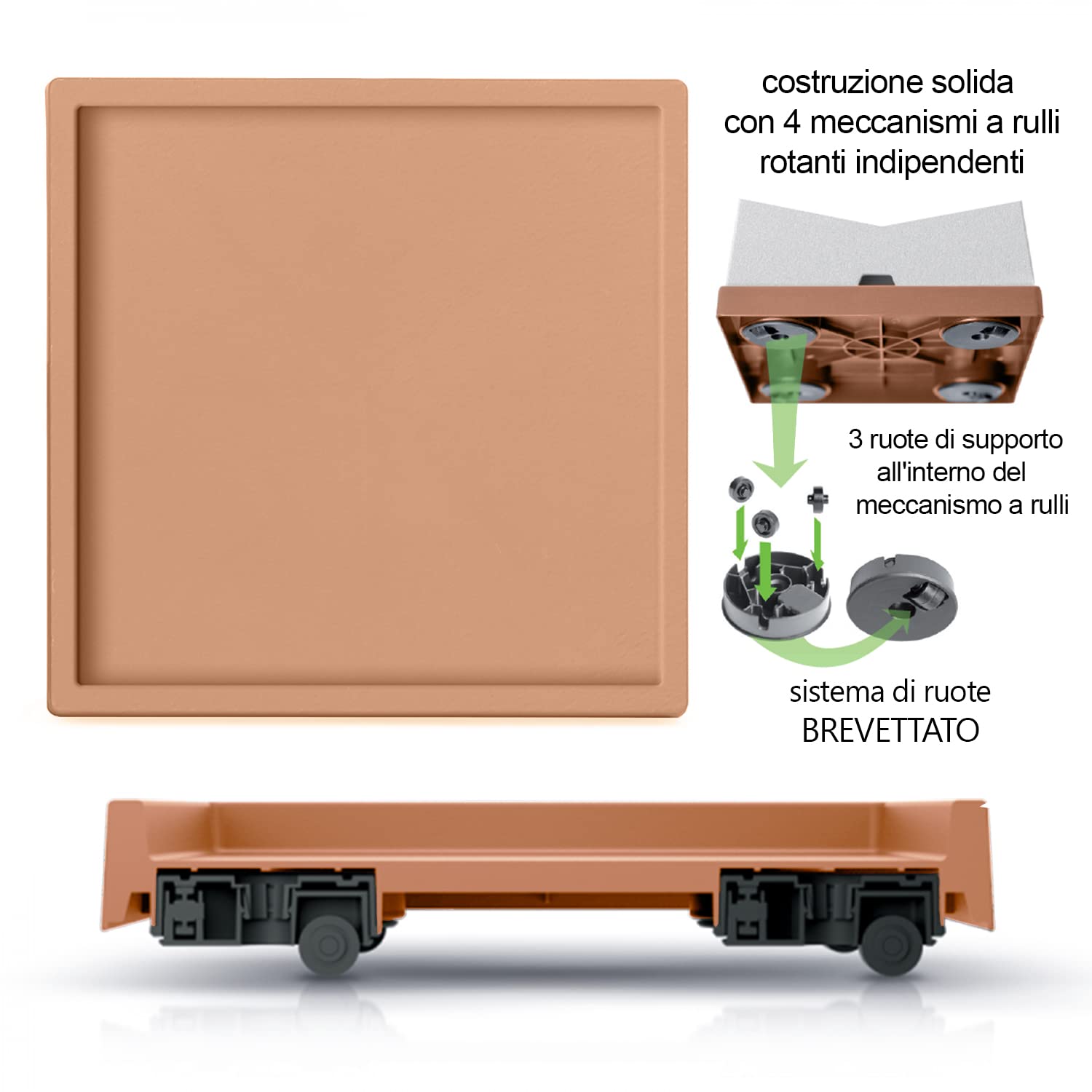 Platillo Cuadrado 45x45 Borde para Retener Agua con Ruedas 360° Diseño Moderno Plástico Color Terracota
