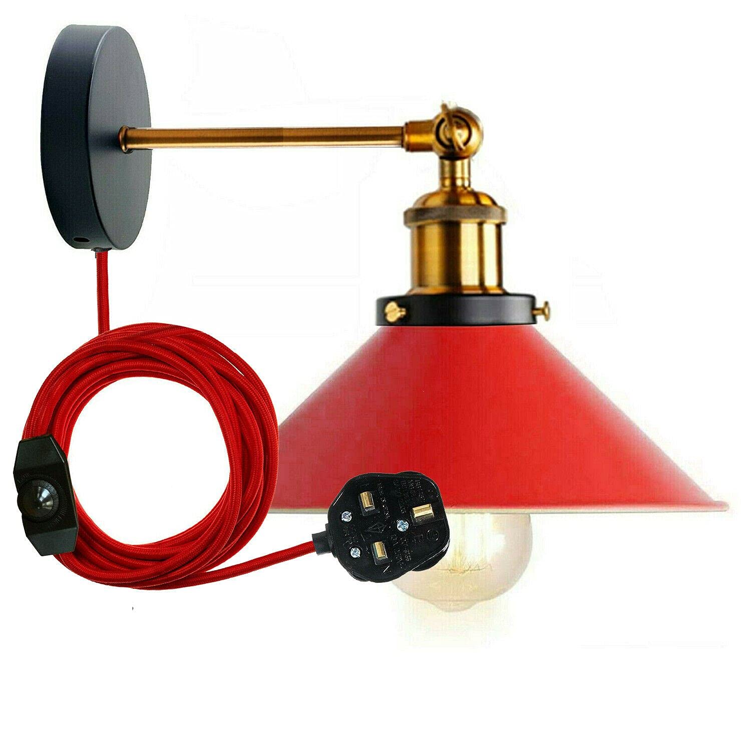 LEDSone Retro Industrial Plug-in Wall Light Metal Cone Shape Shade Indoor Light Fitting with on/Off Dimmer Switch for Bedroom Hallway Restaurants (Red, with Bulb)