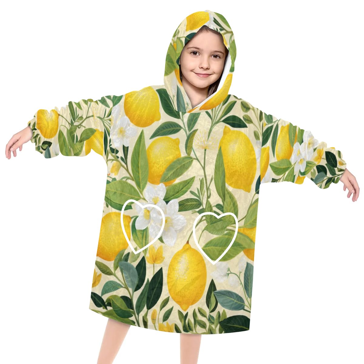 Pardick Wearable Blanket Hoodie for Kids, Lemon Flowers Fleece Sweatshirt Blanket Oversized Blanket Sweatshirt with Pocket Flannel Warm Hooded Blanket 6-10 Year Old Girl Boy Gift, One Size