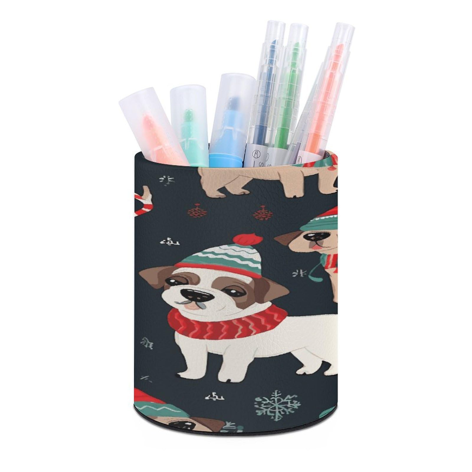 LDGSUPH Merry Christmas Dog Round Pen Holder Leather Pen Cup Pencil Cup Pen Organizer Pencil Holder for Desk Organizer Pencil Organizers Makeup Brush Holders for Home Office Gift
