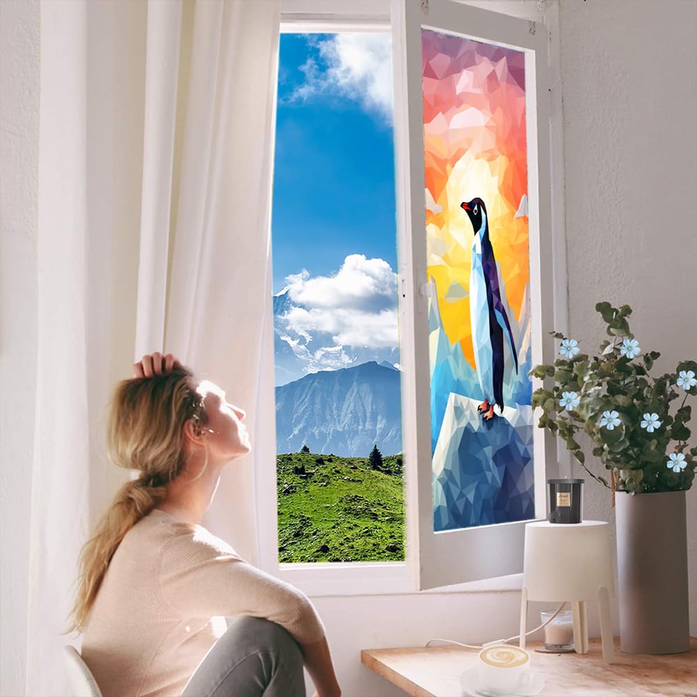Sonnenuntergang Pinguine Buntglas-Fensterfolie, moderne abstrakte Tiere, Retro, dekorative Milchglas-Sichtschutzfolie, Wärmeregulierung, statisch haftende Fensteraufkleber, 80 x 120 cm
