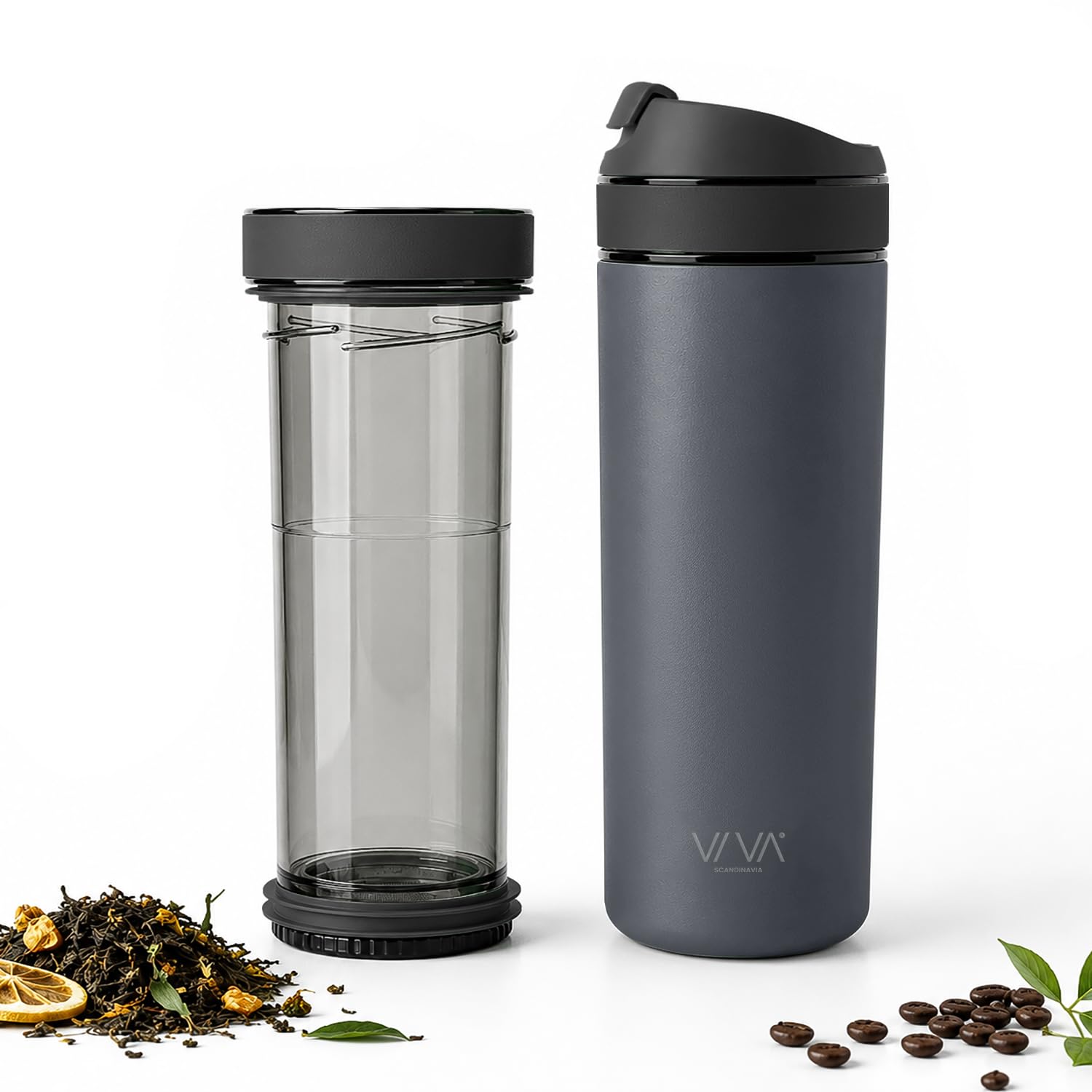 Kubek termiczny Coffee to go, szwajcarski nóż pod termosem z wyjmowanym filtrem do kawy i herbaty, trwały materiał premium, wodoodporny, szary 0,46 l
