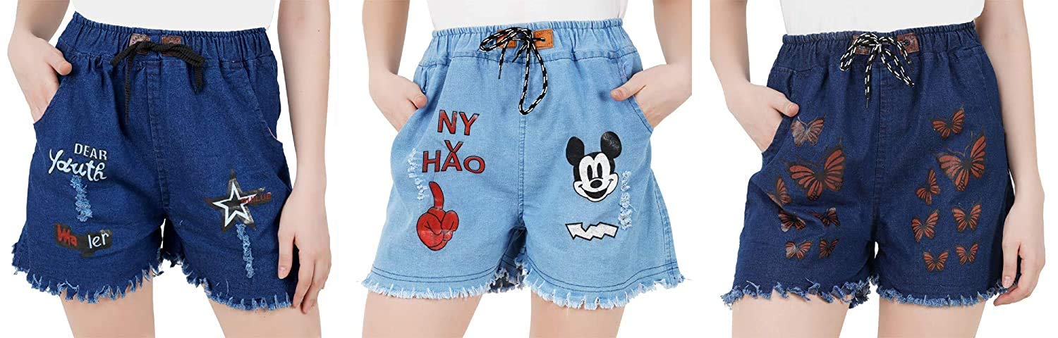 devil Women's Stylish Rough Look Printed Denim Shorts (Multicolour)-(Pack of 03)-picture-10