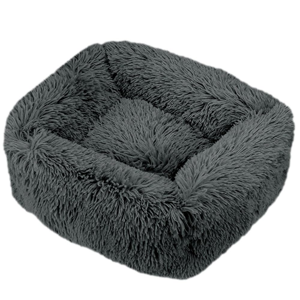 Hiseng Soft Fluffy Dog Bed, Simple Solid Color Self-Warming Cat Bed Washable Square Dog Beds Medium, Plush Anti-Slip Bottom Donut Cat Beds for Indoor Cats (L 80x65cm,Dark Gray)