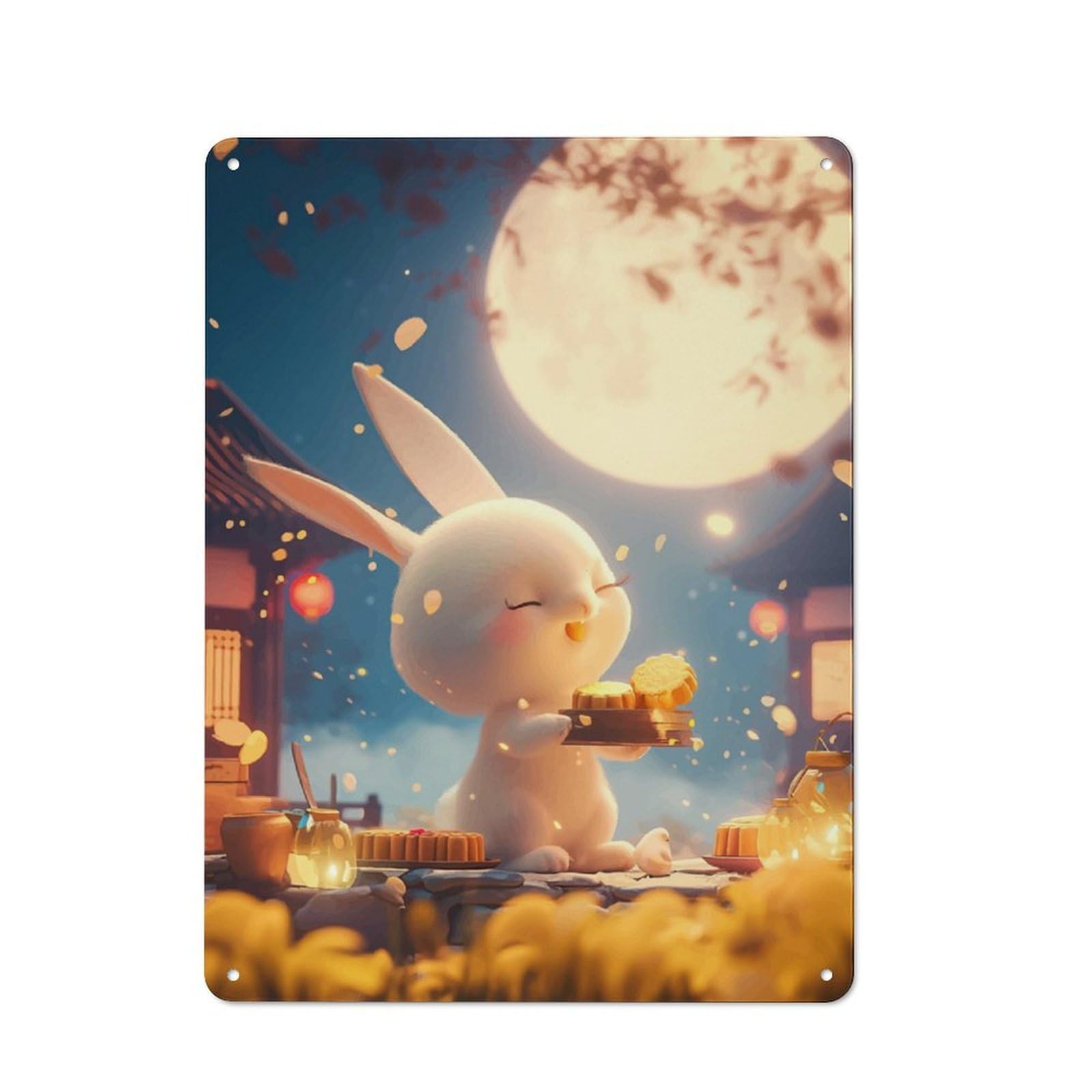 Junmoney Moon Festival Bunny Cottage Metal Wall Decor 40X30cm, Shed Metal Sign For Patio Bar, Workshop, Shed Or Kitchen