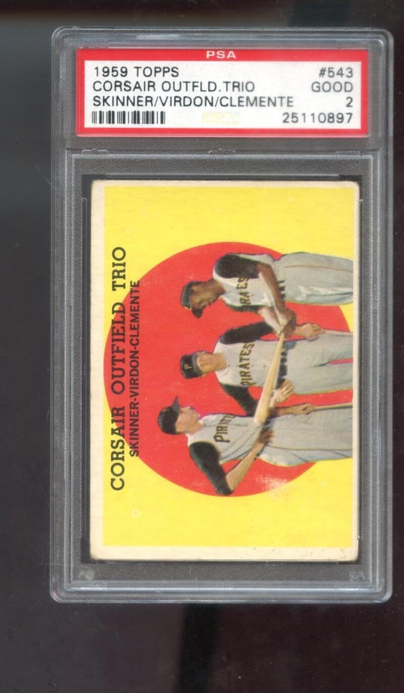 1959 Topps #543 Corsair Outfield Trio Roberto Clemente Bob Skinner Bill Virdon PSA 2 Graded Baseball Card MLB Pittsburgh Pirates