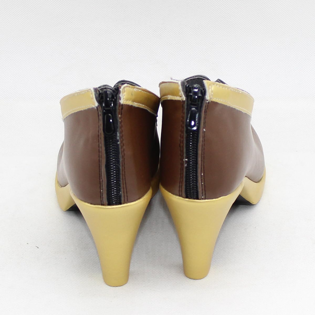 YuanCos Women's Brown & Gold Round Toe Heel Pumps Cosplay Shoes X002