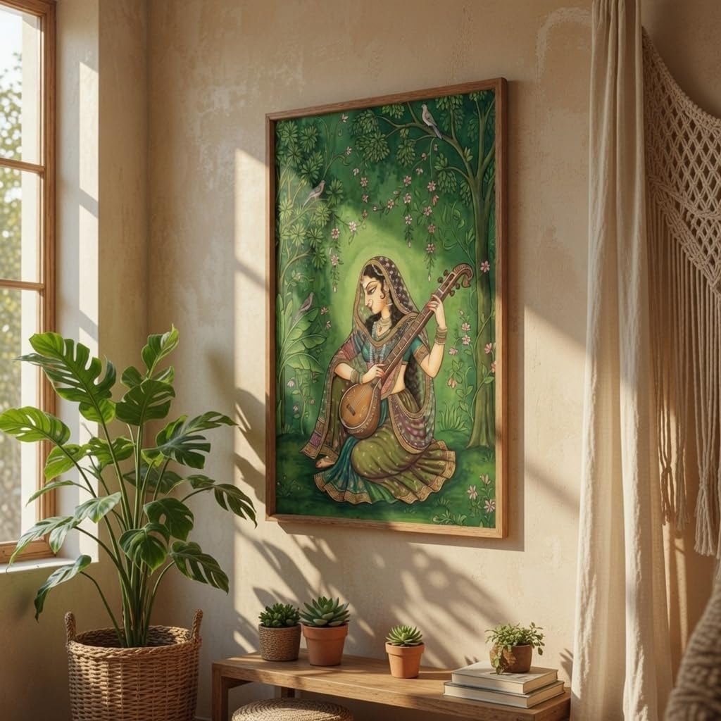 Livin'luxe Indian Classical Musician Lady Wall Art with Wooden Frame | Traditional Folk HD UV Laminated Print on MDF | Vintage Cultural Painting for Living Room Bedroom Decor 13.5 x 19.5 Inch-image-15