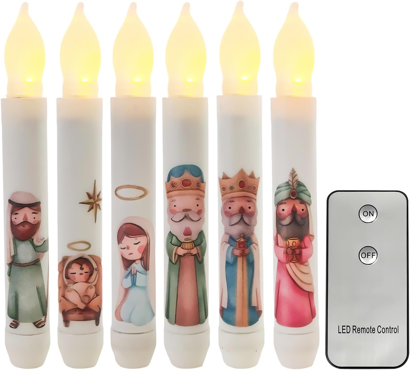 Christmas Nativity Scene Candles Set 6 Pcs Advent Candles with Remote Control Jesus Religious Theme Taper Candle Nativity Table Decoration Jesus Navidad for Christmas Holiday