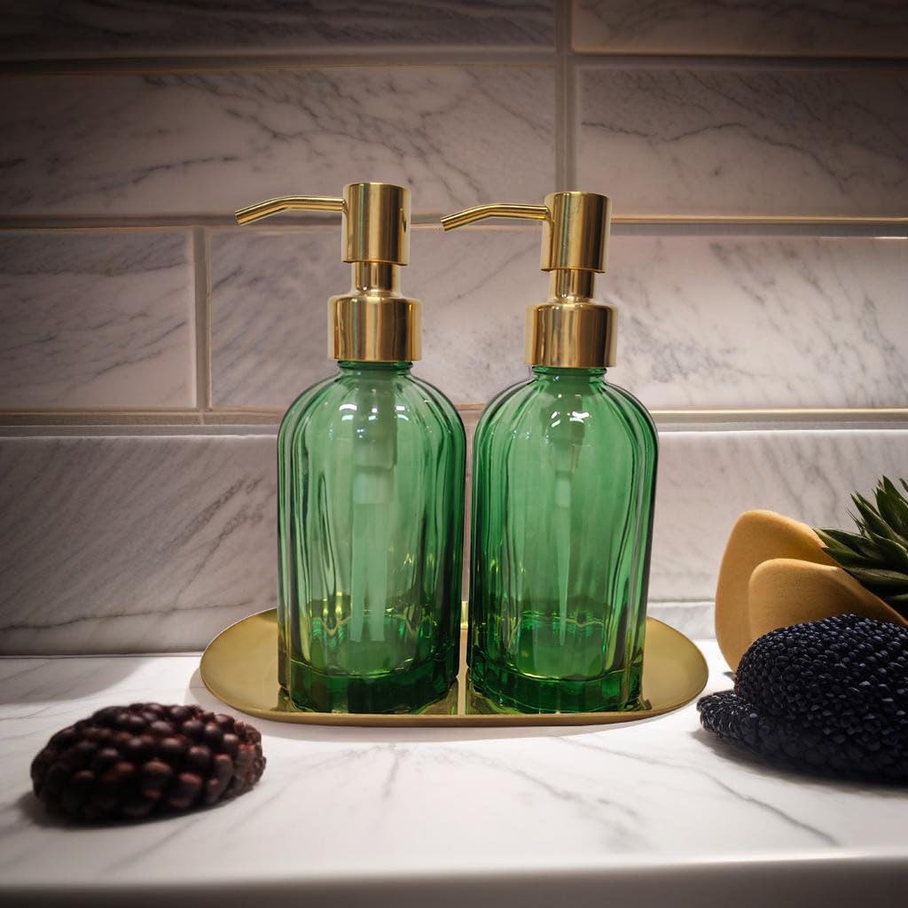 2PCS Soap Dispenser Set with Stainless Steel Tray, Thickened High-Gloss Green Glass Bottle and Gold Stainless Steel Pump for Bathroom Kitchenblue soap Dispenser and Gift.