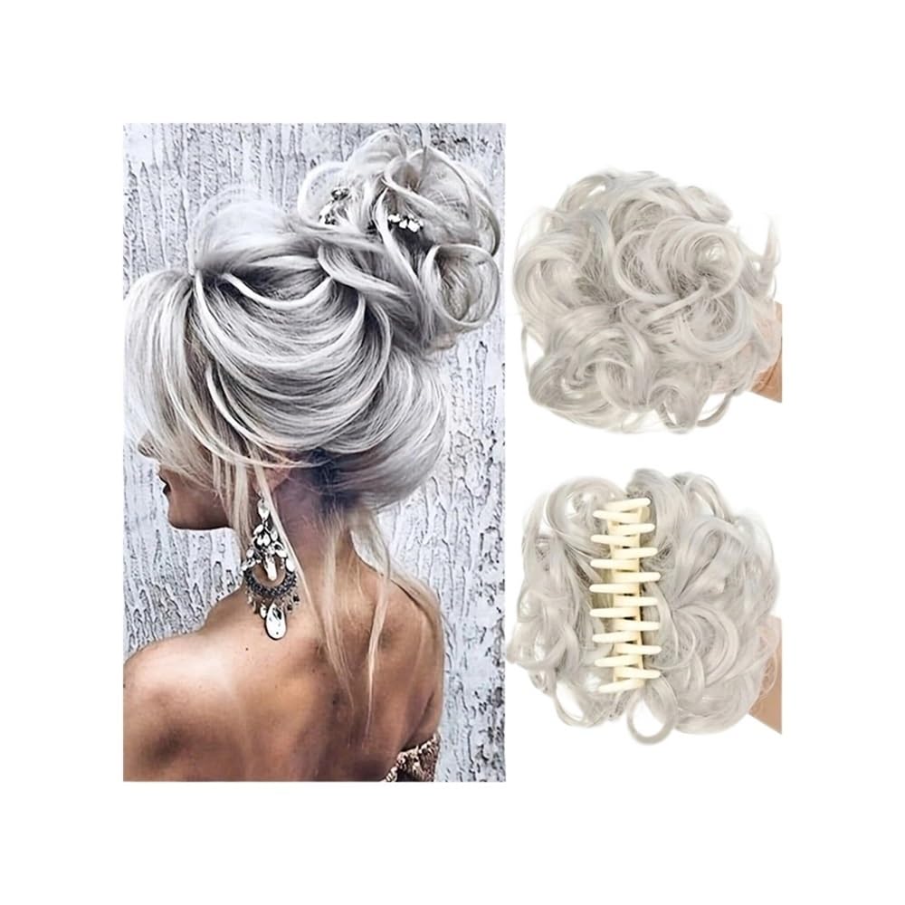 QRSTUVXZY Messy Hair Bun Hair pieces for Women Clip in Claw Synthetic Chignon Tousled Updo Wave Curly Hairpieces for Daily Wear Hair Accessories(Gray)