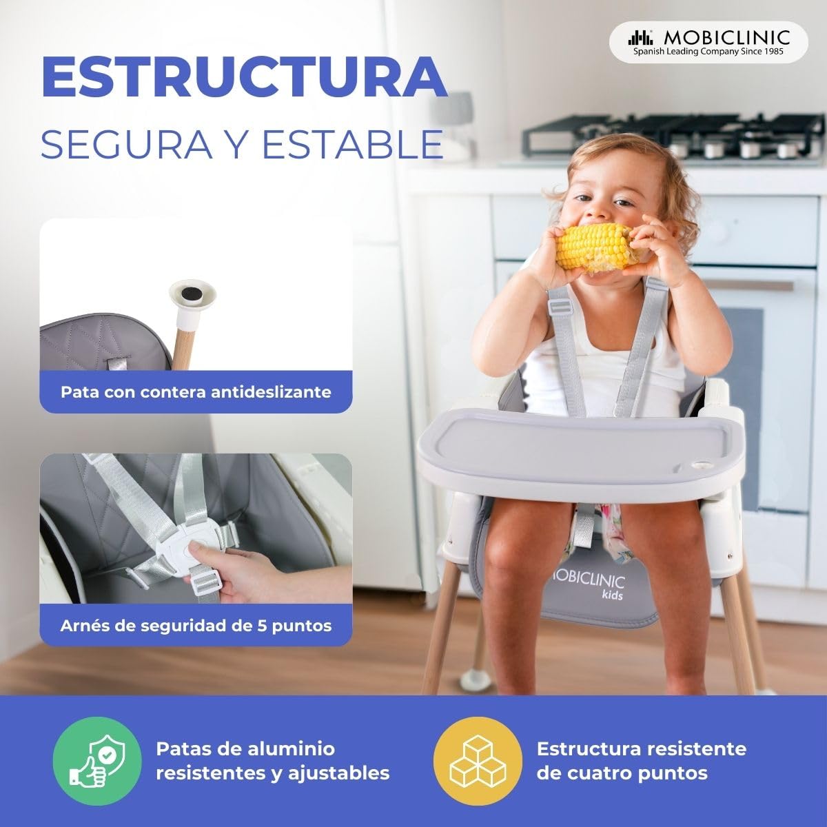 Mobiclinic® kids, Trona bebé evolutiva, 3 en 1, Kiara, Elevador + silla de juegos alta, Plegable, Arnés con 5 puntos, Bandeja ajustable, 6-36 meses, Hasta 15 kg, Textil impermeable