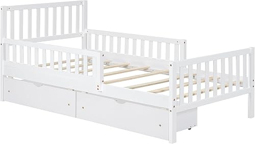 Miniatura 81 de Moderna plataforma de tamaño matrimonial con cabecera de almacenamiento y barandilla de seguridad para niños, plataforma de madera funcional con luz