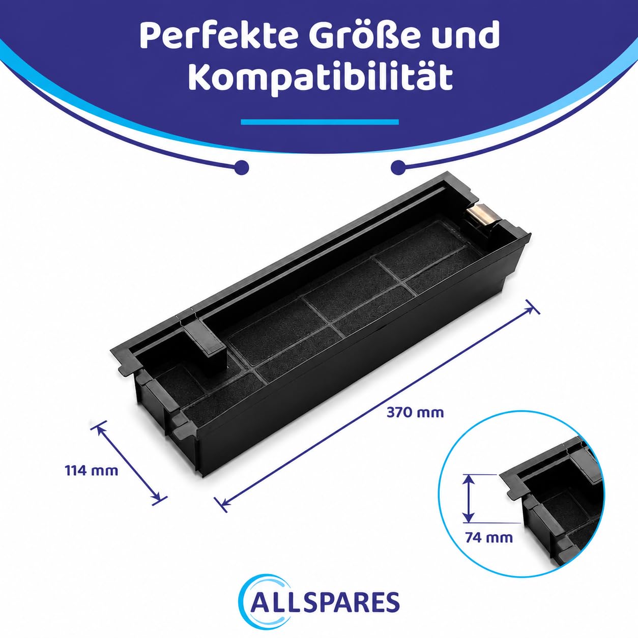 AllSpares Aktivkohlefilter für Dunstabzugshaube| passend für Juno 4055356002, D065, KF60, Typ60 | Zanussi MCFE18, AEG-Electrolux 9029801199 | V-Zug DF-N5/6 | SMEG KITFC400 | 370x114x74 mm