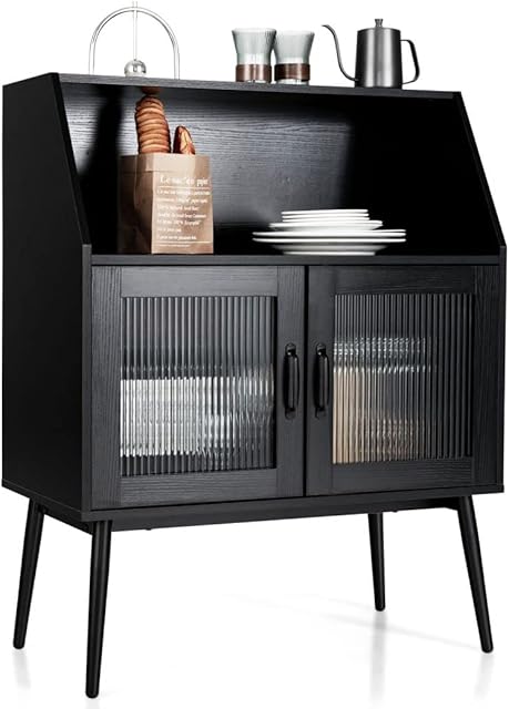 COSTWAY Wooden Storage Cabinet, Modern Buffet Sideboard with Open Compartment and Tempered Glass Doors, Freestanding Organizing Cupboard Unit for Living Room, Kitchen, Dining Room, Hallway