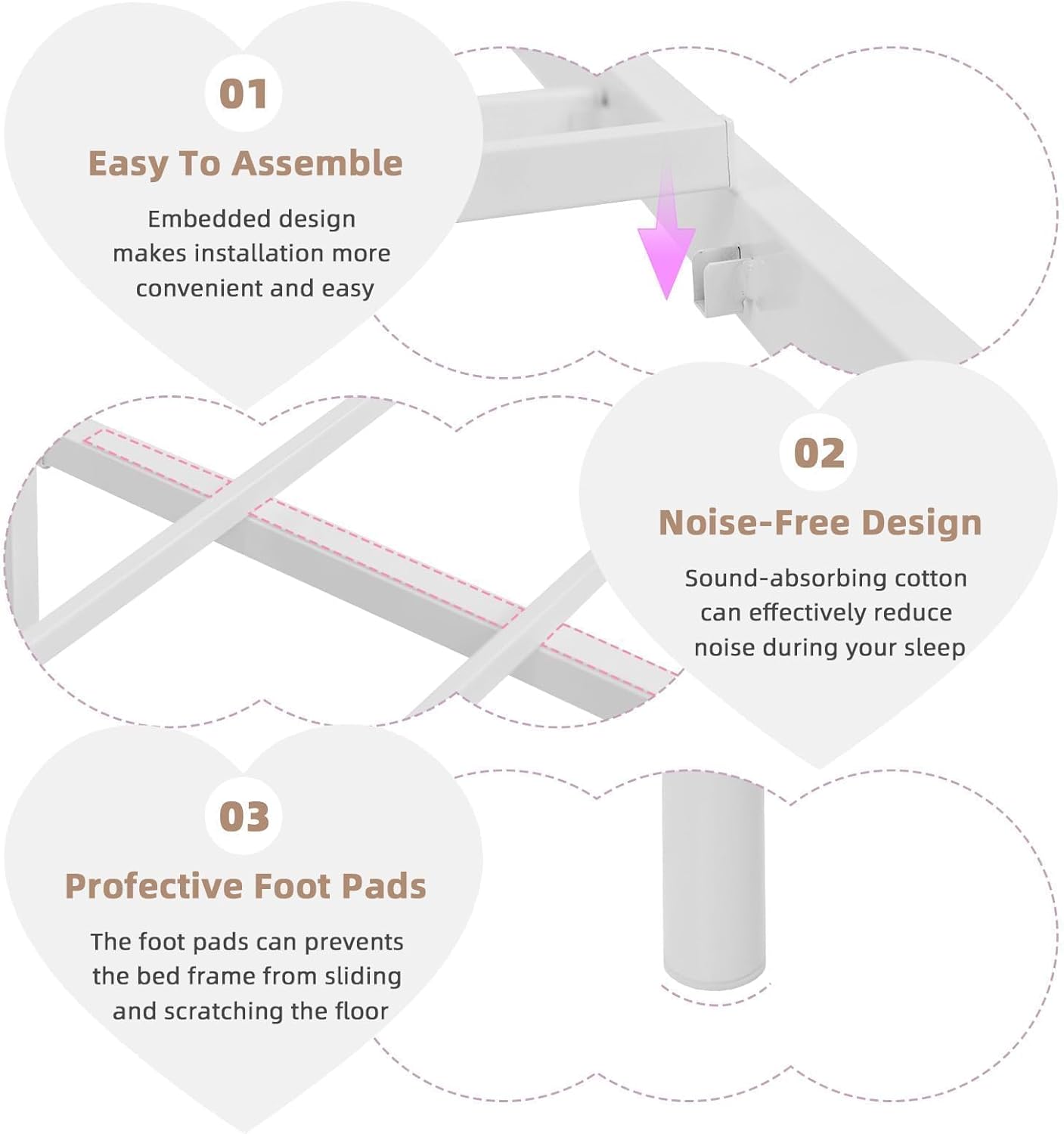 Twin Size Bed Frame, Twin Bed Frames with Headboard, Girls Bed Frame, Heart-Shaped Decorative Headboard and Footboard, Heavy Duty Metal Slat Support, No Box Spring Needed, White - Image 5