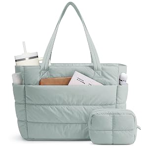 Narwey Puffer Tote Bag for Women Puffy Work Nurse Teacher Tote Bag Quilted Shoulder Bag for Travel Gym