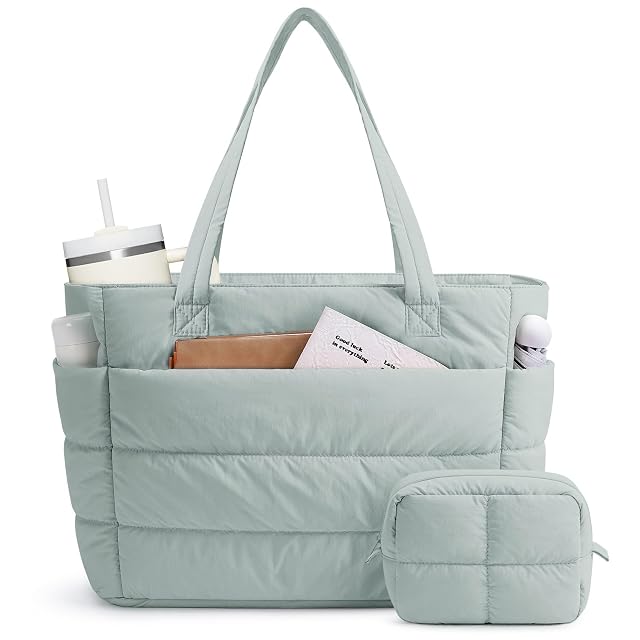 Narwey Puffer Tote Bag for Women Puffy Work Nurse Teacher Tote Bag Quilted Shoulder Bag for Travel Gym