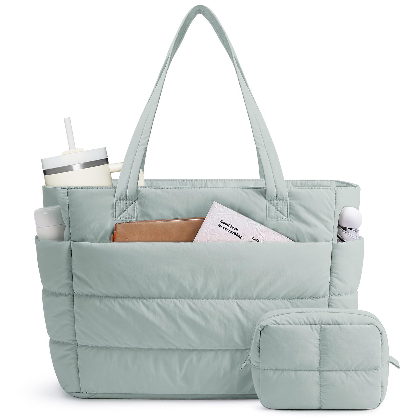 Narwey Puffer Tote Bag for Women Puffy Work Nurse Teacher Tote Bag Quilted Shoulder Bag for Travel Gym