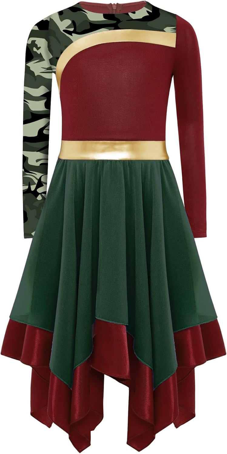 Kids Girls Liturgical Praise Dance Dress Camouflage Printed Long Sleeve Color Block Worship Dancewear