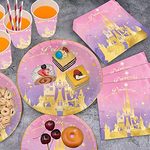 Princess Birthday Party Supplies-Complete Pack Princess Party Tableware Set Including Princess Castle Party Plates Cups Napkins Straws Serves 10 For Girls Birthday Baby Shower Decorations #TOP2