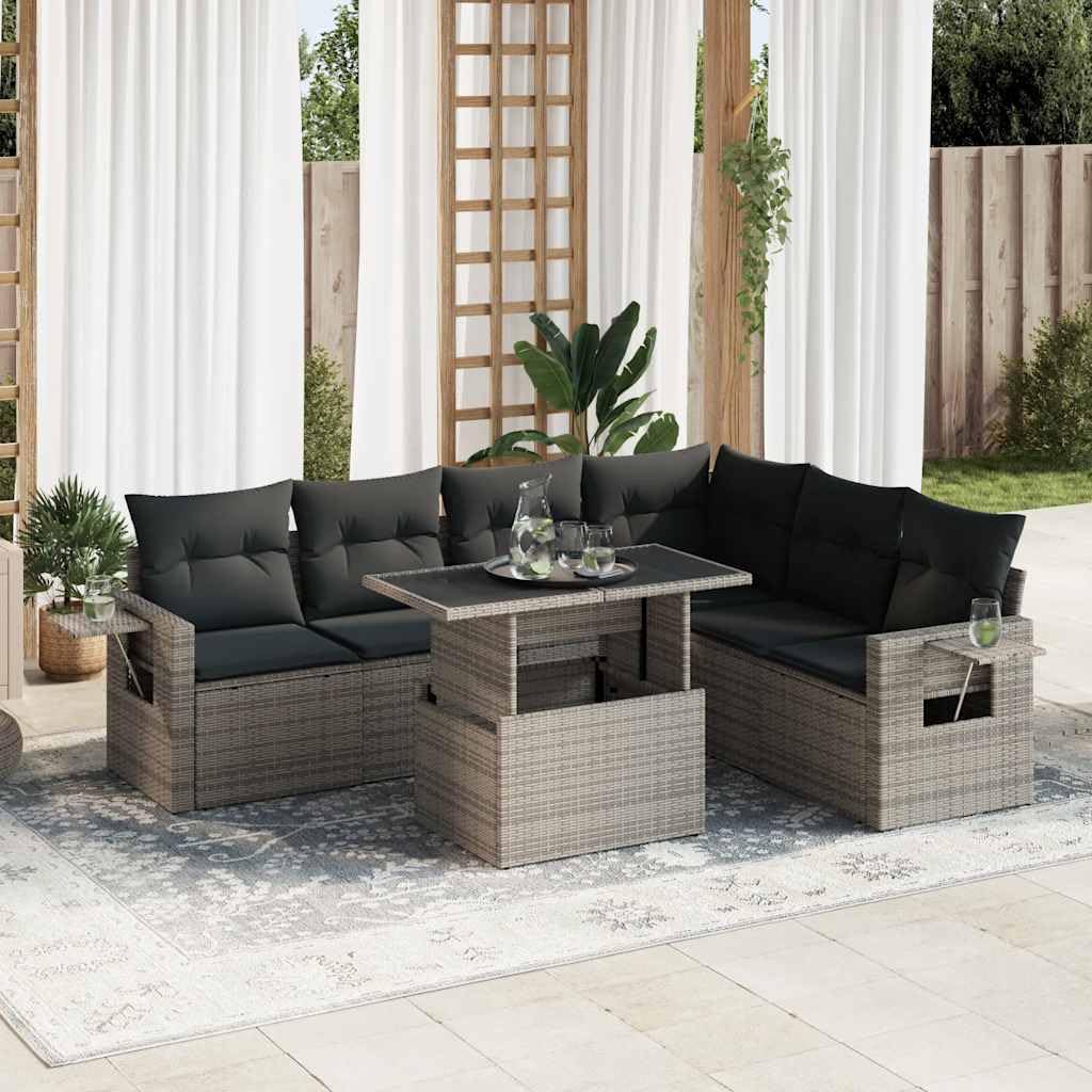 Divano da Giardino 7 Pezzi, con Custodia Integrata per Cuscini, Tavolo Regolabile in Altezza, Polyrattan PE Grigio su Struttura in Acciaio, Cuscini Sfoderabili e Lavabili, per Esterno, Terrazza e Pati