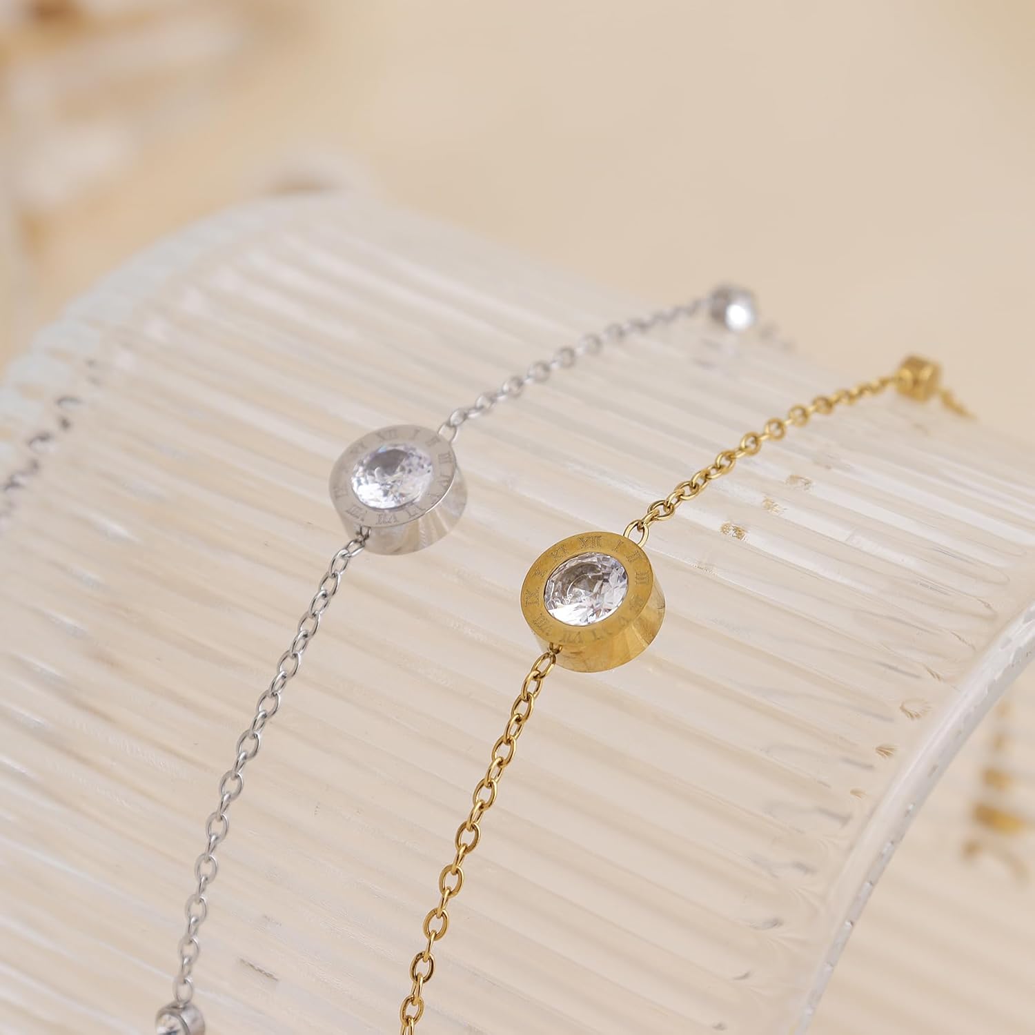 Roman Numeral Rhinestone Link Bracelet for Women, Dainty Adjustable Cubic Zirconia Stackable Chain Summer Beach Jewelry Gift. - Image 3