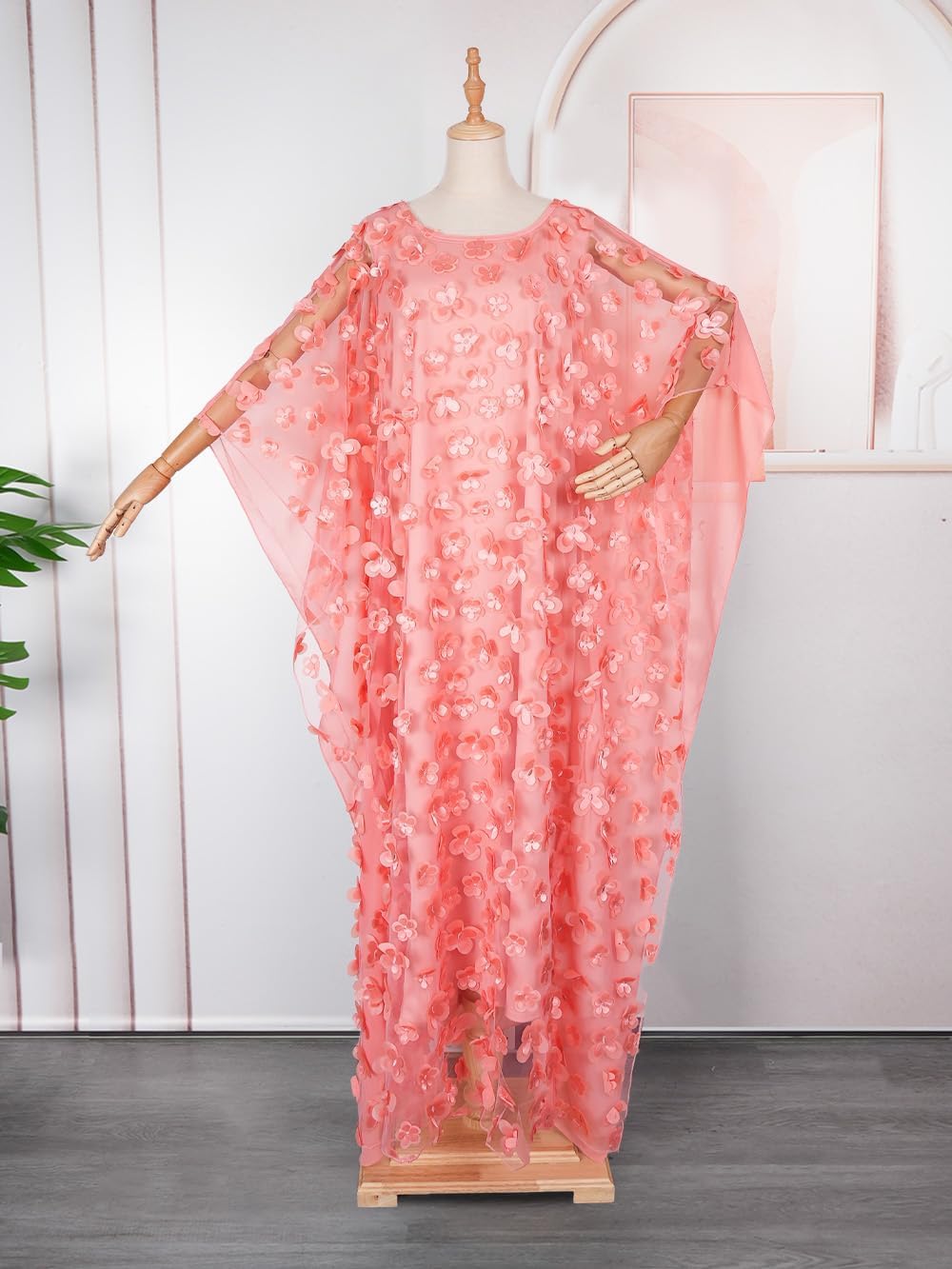 HD Afircan Women Applique Flower Dress Boat Neck Caftan Chiffon Gown One Size - Image 3