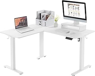 WOLTU L-format hörnskrivbord justerbar höjd, elektriskt skrivbord vitt – 4 minnespositioner, inklusive monitorstativ och hörlurshållare, 140 × 120 cm
