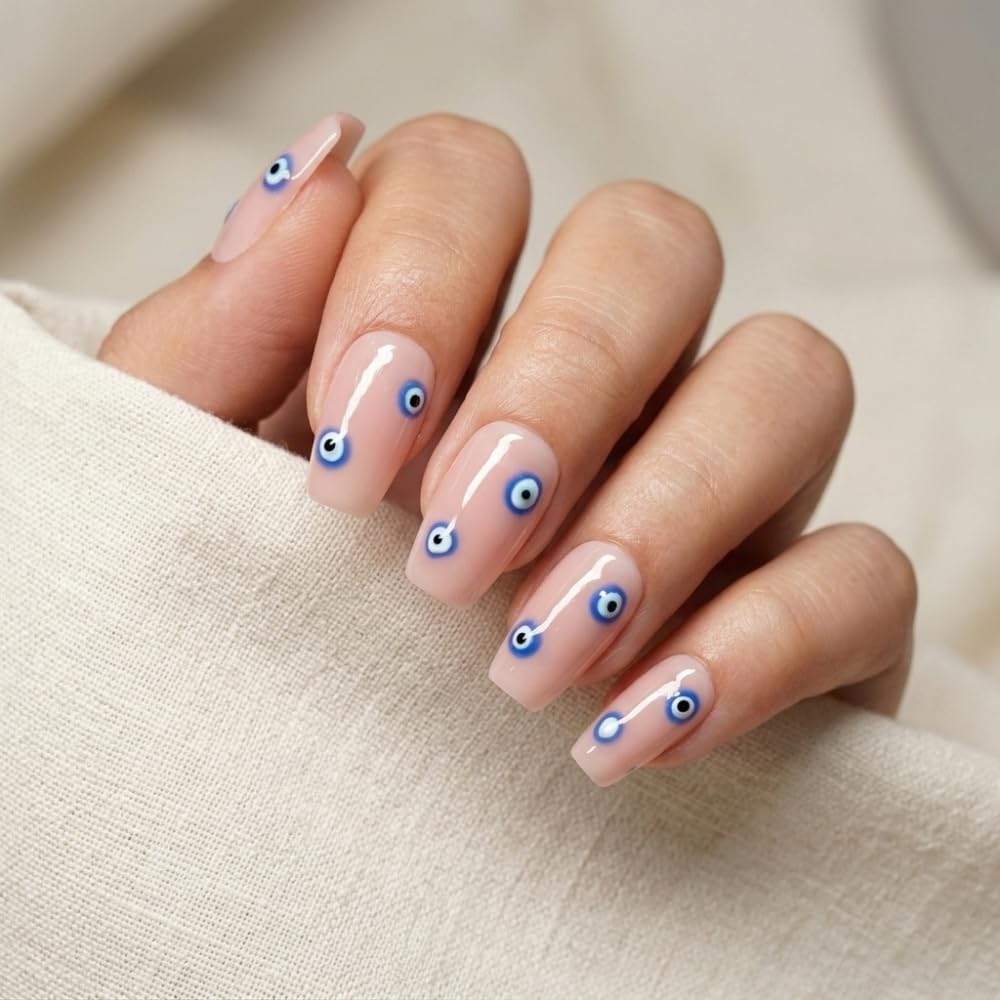 DECSTY Evil Eye Press On Nails 14pcs Nude Pink Square Fake Nail | Evil Eye Artificial Nail Art Design | Reusable Acrylic Fake Nails for Women & Girls-image-23