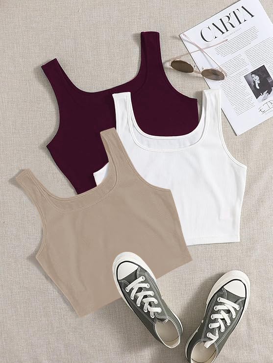 Image of Toochki Women's Knitted Sleeveless Solid Sqaure Neck Ribbed Tank & Crop Tops (Pack of 3)